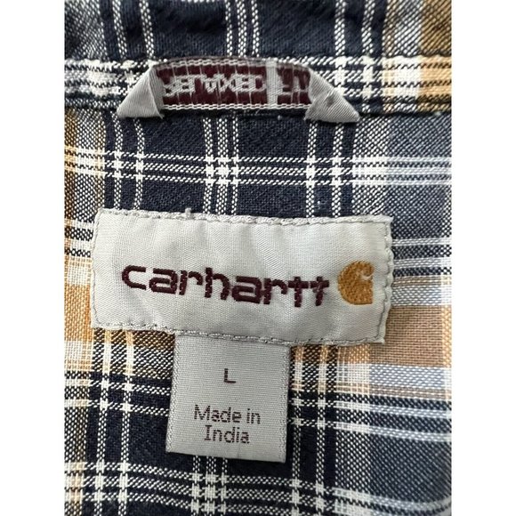 Carhartt Shirt Men's Large Button-Up Short Sleeve Cotton Casual Plaid Navy Gold - Picture 7 of 9
